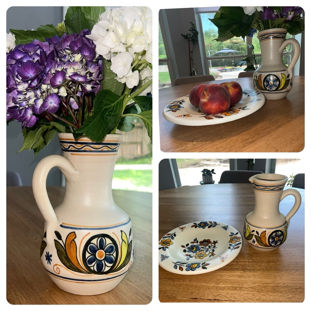 Vintage 70s made Spain vase‎ & plate stoneware retro kitchen decor boho vibe